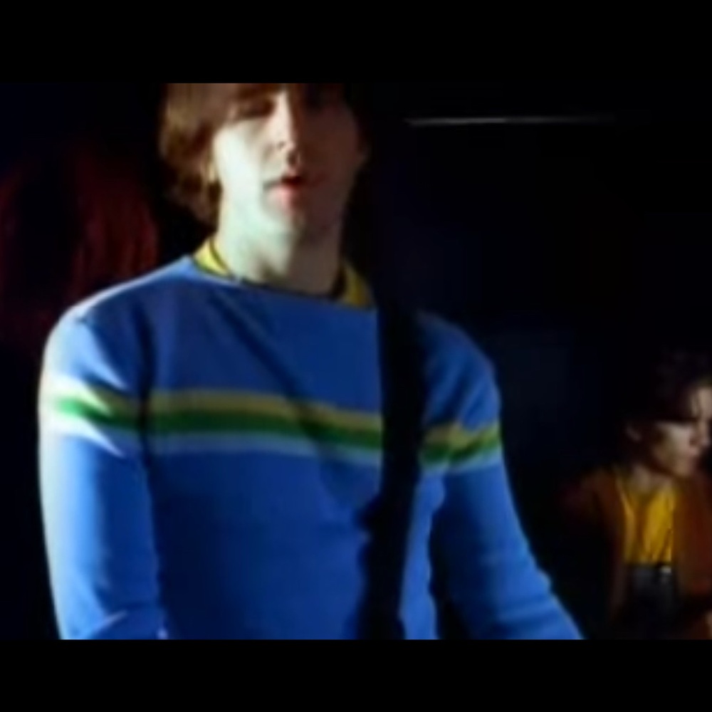 Free People Blue Sweater with Green and Yellow Stripes Vintage size L